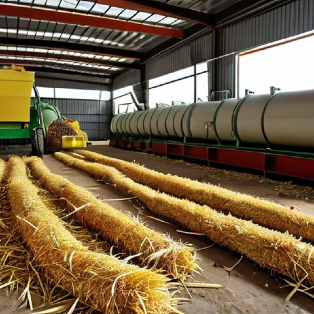 A rural biofuel plant where farmers convert agricultural waste (straw, fruit peels) into energy, boosting the local economy.