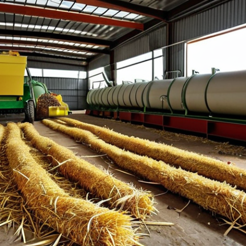A rural biofuel plant where farmers convert agricultural waste (straw, fruit peels) into energy, boosting the local economy.