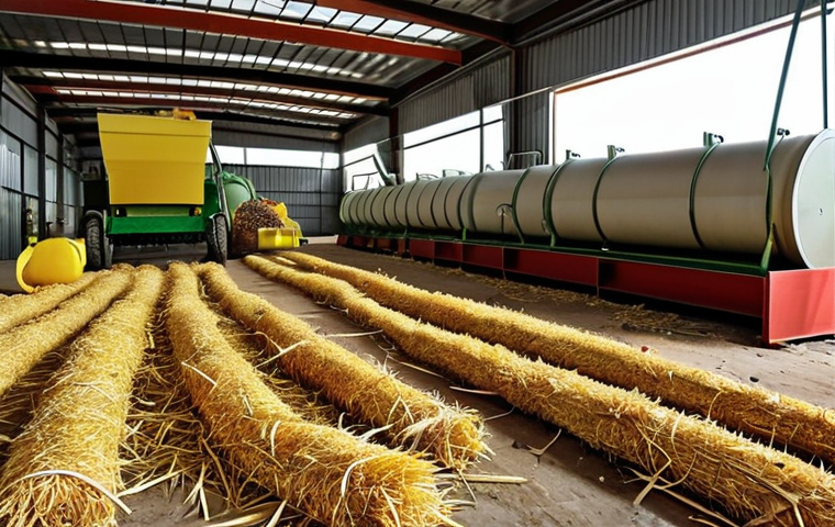 A rural biofuel plant where farmers convert agricultural waste (straw, fruit peels) into energy, boosting the local economy.