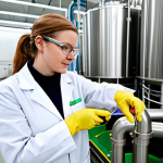 A professional female scientist, fully clothed in a modest lab coat and safety glasses, meticulously inspecting advanced anaerobic digestion equipment in a clean, modern biofuel research facility. The background features large stainless steel tanks and intricate piping, symbolizing waste-to-energy conversion and the circular economy. The image emphasizes innovation in sustainable resource management. Perfect anatomy, natural pose, correct proportions, well-formed hands, proper finger count. High-quality professional photography, safe for work, appropriate content, family-friendly.